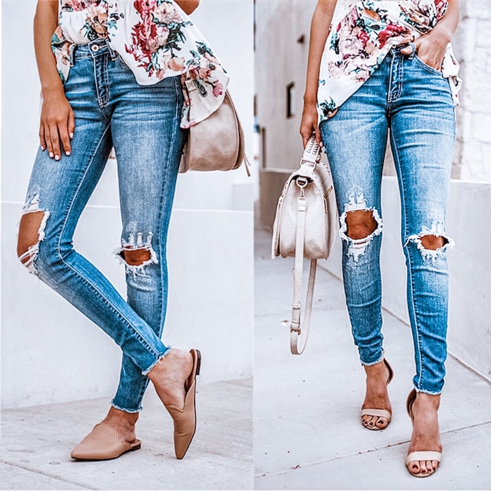 Distressed Denim Frayed Hem Ankle Skinny Jeans - Picture 1 of 9